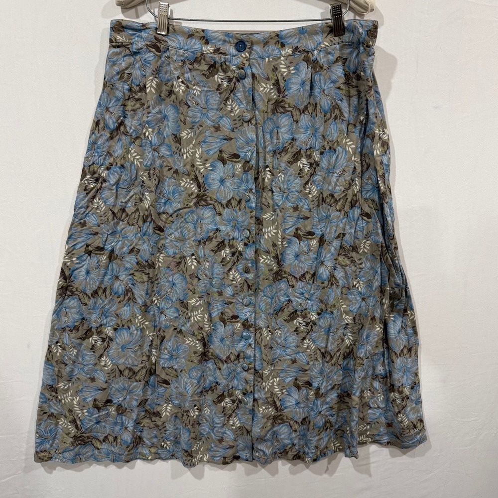 Sag Harbor Woman Blue Floral Hibiscus Button Front Rayon Midi Skirt 1X Plus Size